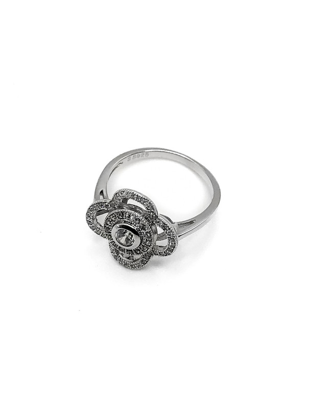 Anillos plata trebol con enjoye petalos y piedra en centro