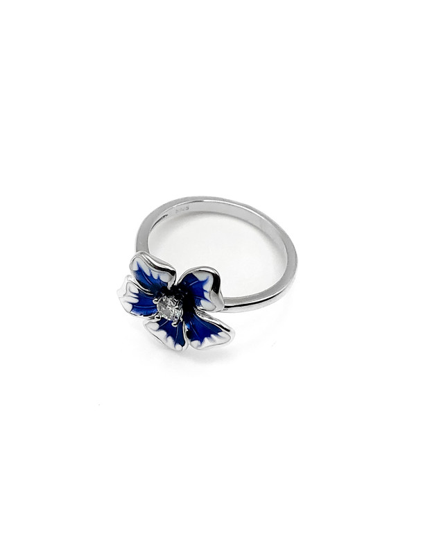 Anillos plata flor 5 petalos azul con filo blanco