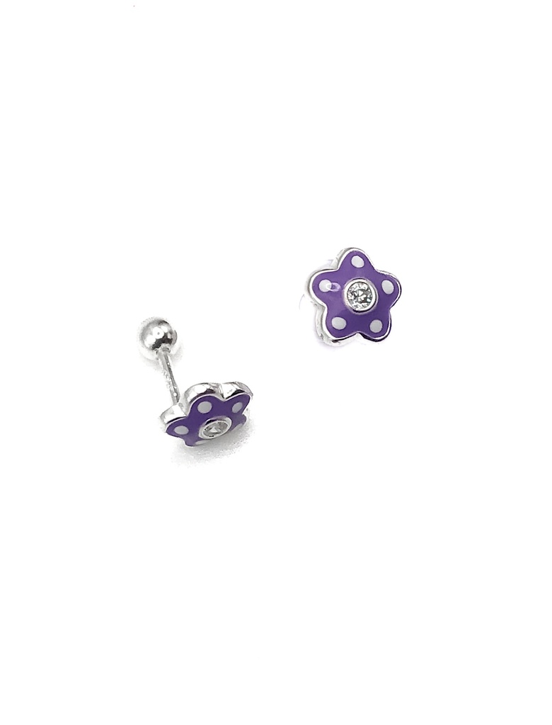 Aretes ortopédico flor morada con puntos blancos esmaltada