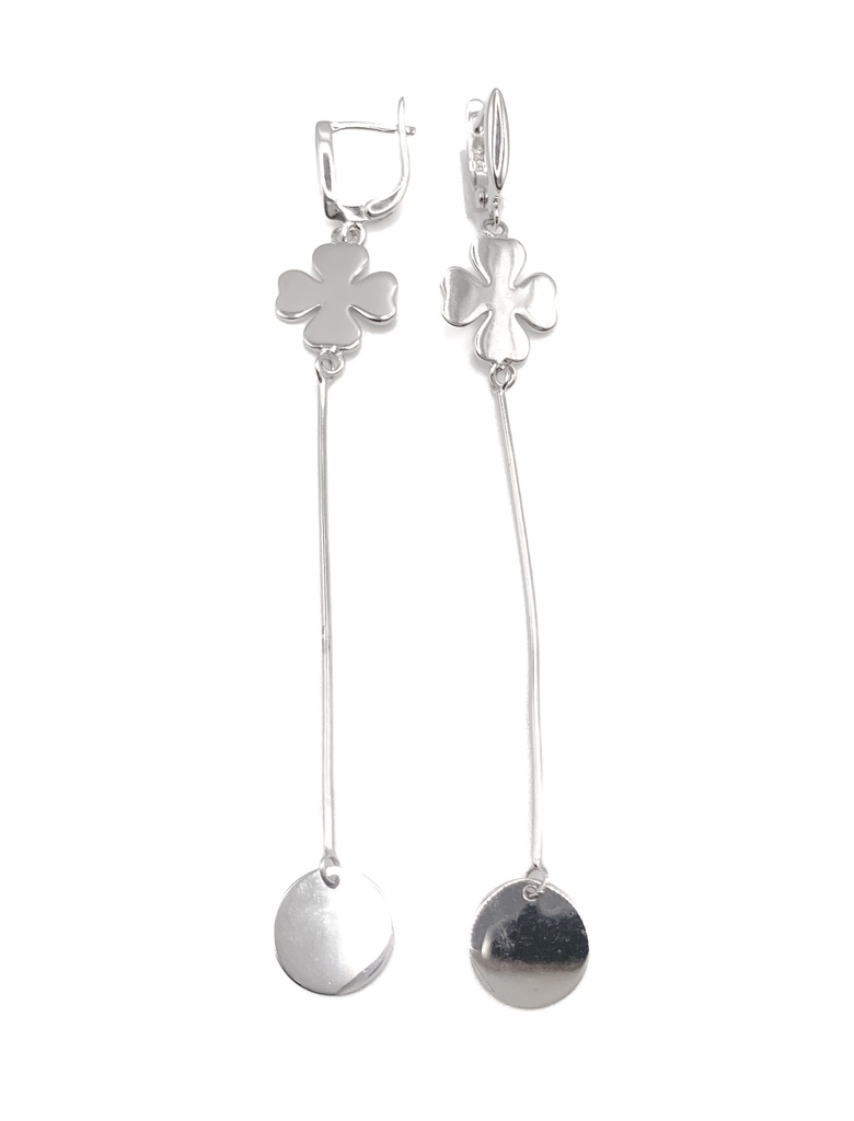 Aretes plata largo con trebol de cuatro hojas