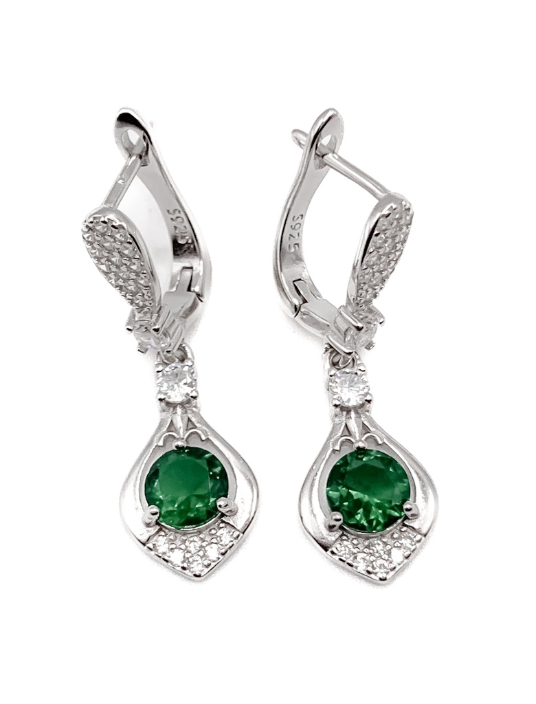 Aretes plata patente largo piedra verde con enjoye