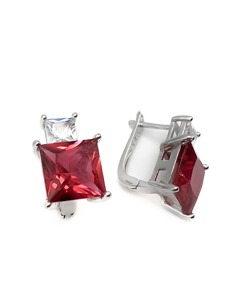 Aretes plata de piedra cuadrada roja y blanca con broche patente