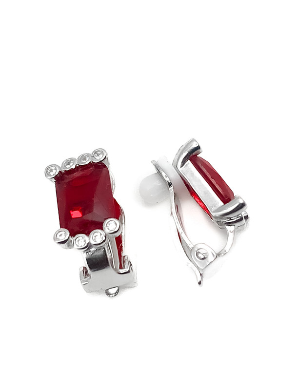 Aretes plata piedra rectangular rojo con presión de clip