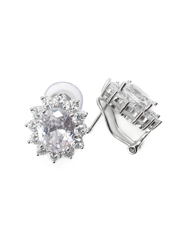 Aretes plata tipo flor con piedra oval blanca broche omega