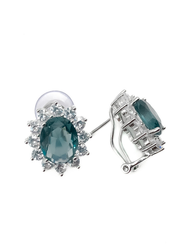 Aretes plata tipo flor con piedra oval turquesa broche omega