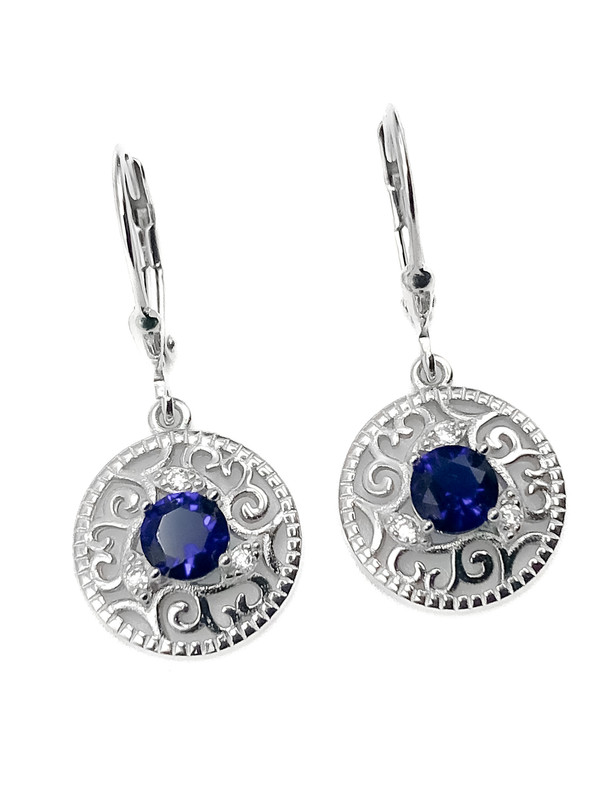 Aretes plata asa colgante circular con circón azul