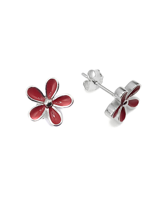 Aretes plata flor esmaltada roja