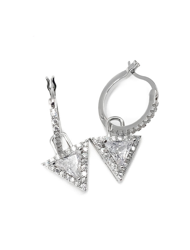 Aretes plata Huggies enjoyado piedras blancas con triangulo colgante piedra blanca