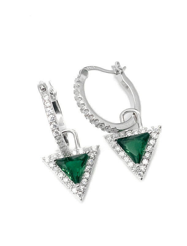 Aretes plata Huggies enjoyado piedras blancas con triangulo colgante piedra verde