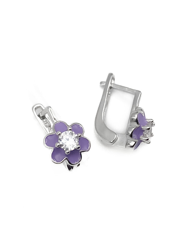 Aretes plata flor morada esmlatada con broche de patente