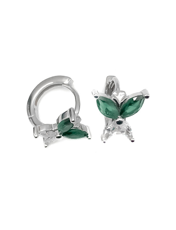 Aretes plata huggie de mariposa piedra blanca y verde