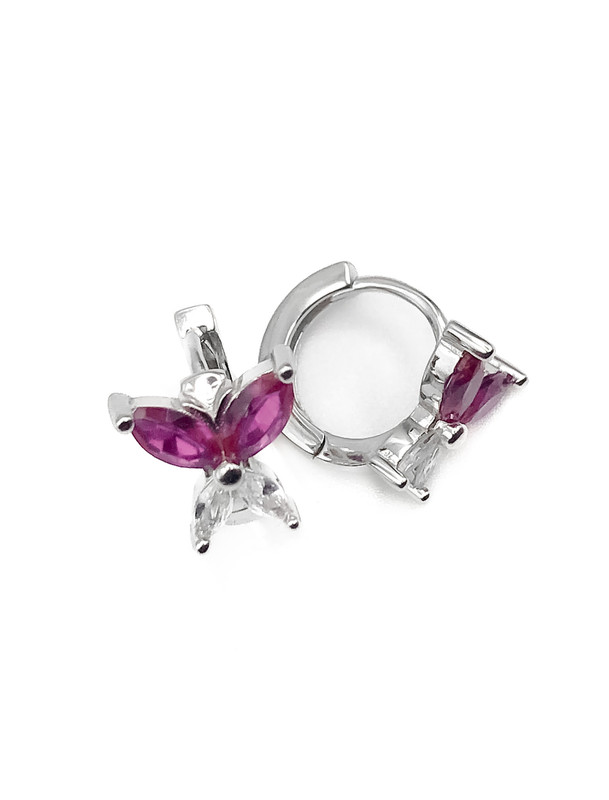 Aretes plata huggie de mariposa piedra fucsia y verde