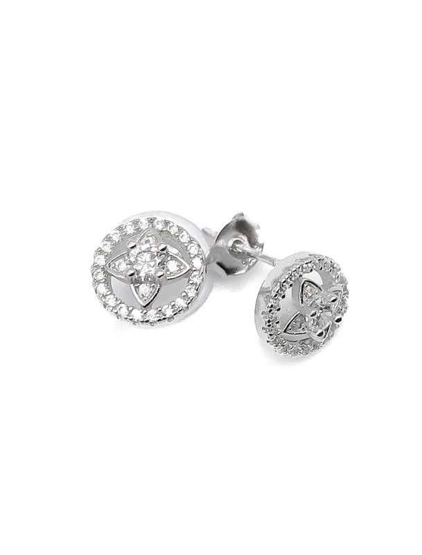 Aretes plata circulo vacio con flor de piedras blancas