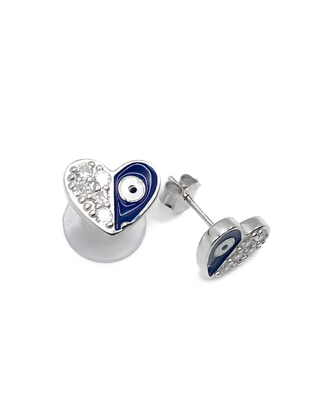 Aretes plata corazon mitad esmaltado azul con ojo turco y enojye blanco