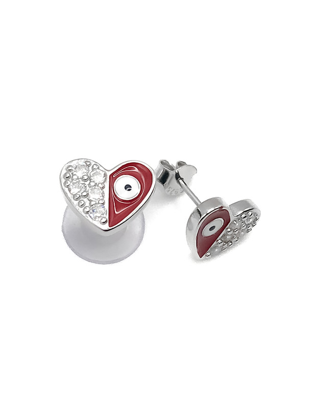 Aretes plata corazon mitad esmaltado rojo con ojo turco y enojye blanco