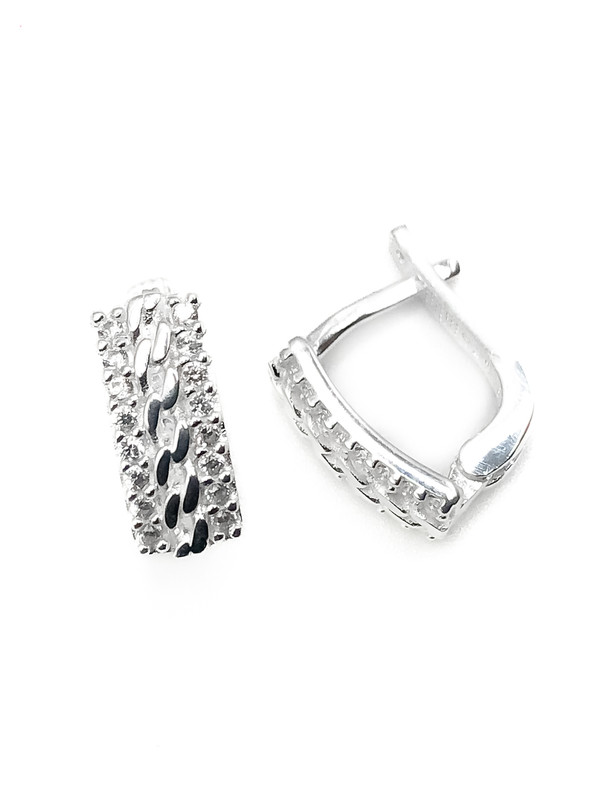 Aretes plata rectangulares con enjoye y trenza en la mitad con broche patente