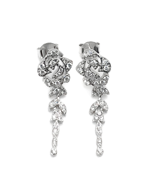 Aretes plata largo roseta con piedras blancas