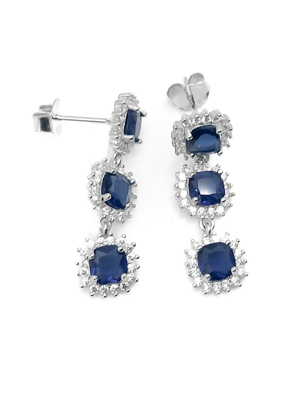 Aretes plata largo cuadrados azules