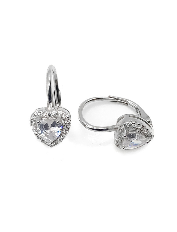 Aretes plata corazon piedra blanca broche asa