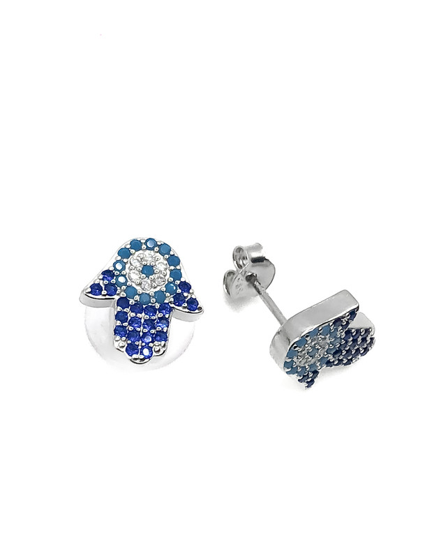 Aretes plata hamsa piedra azul y celeste