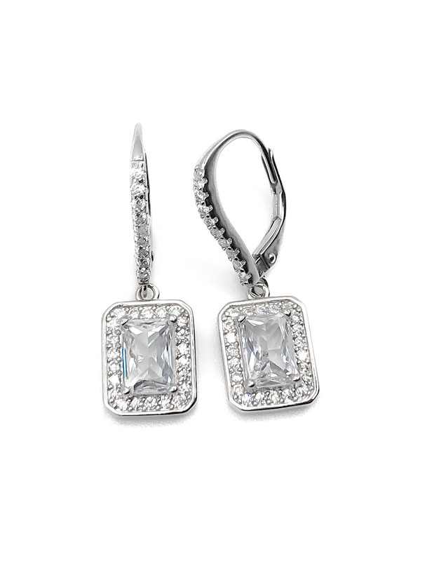 Aretes plata rectangulo con enjoye blanco colgante