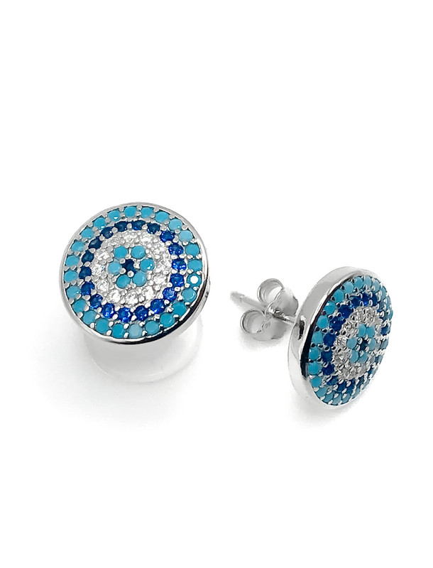 Aretes plata circulo piedras micropave celeste y azul