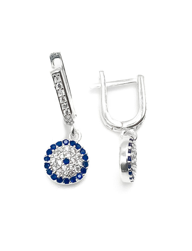 Aretes plata circulo micropave azul y blanco broche patente