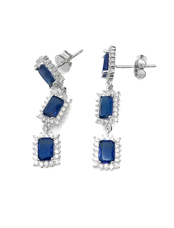 Aretes plata largo cuadrados azul