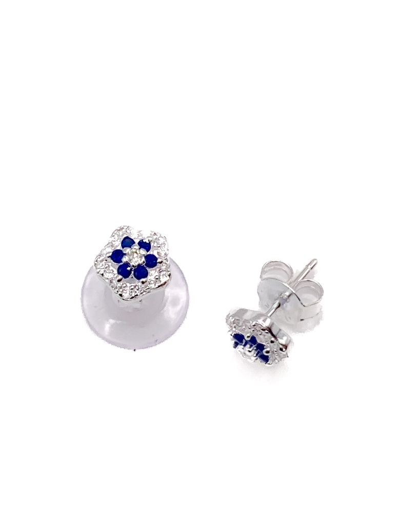 Aretes plata flor pequeña piedra azul y blanca