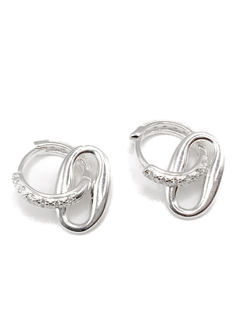 Aretes plata huggie de piedras con colgante oval de huecos