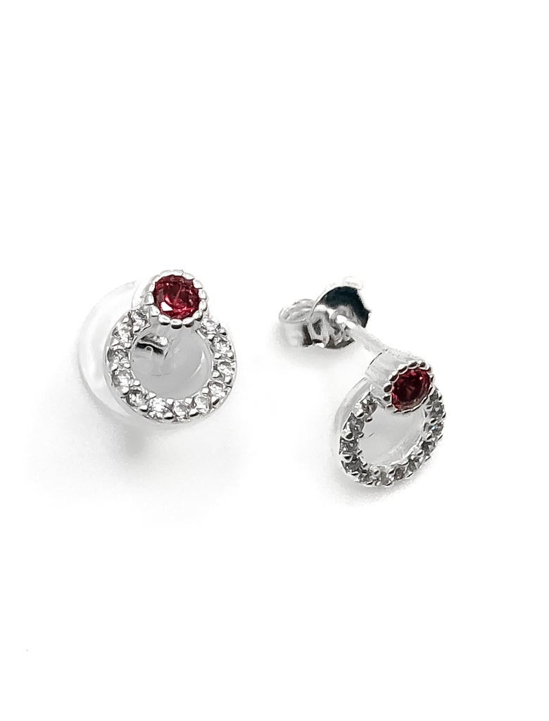 Aretes plata circulo pequeño de piedras blancas con piedra roja