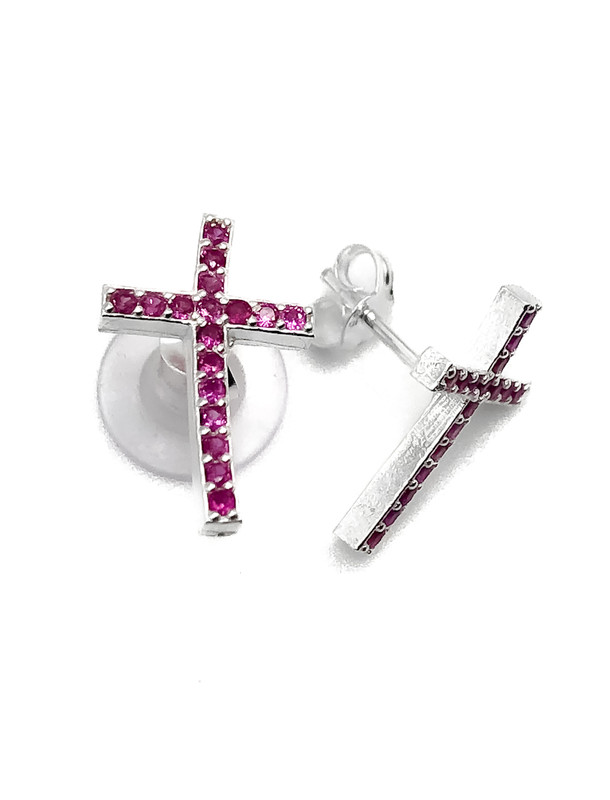 Aretes plata cruz piedra fucsia