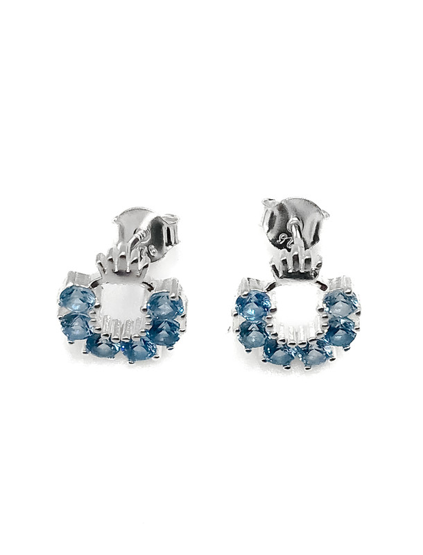 Aretes plata medio cicrculo con corona piedras celestes