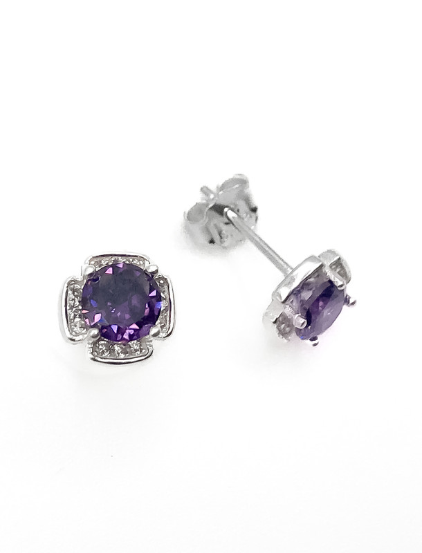 Aretes plata flor cuadrada piedra morado