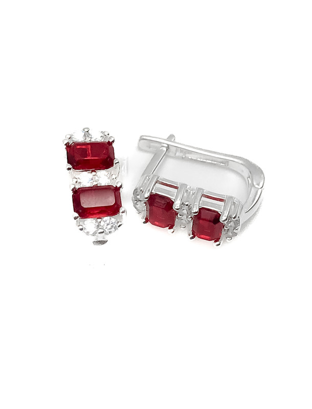 Aretes plata con broche patente rectangular piedras rojas y blancas