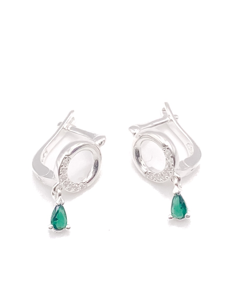 Aretes plata con broche patente de circulo con enjoye y piedra colgante verde