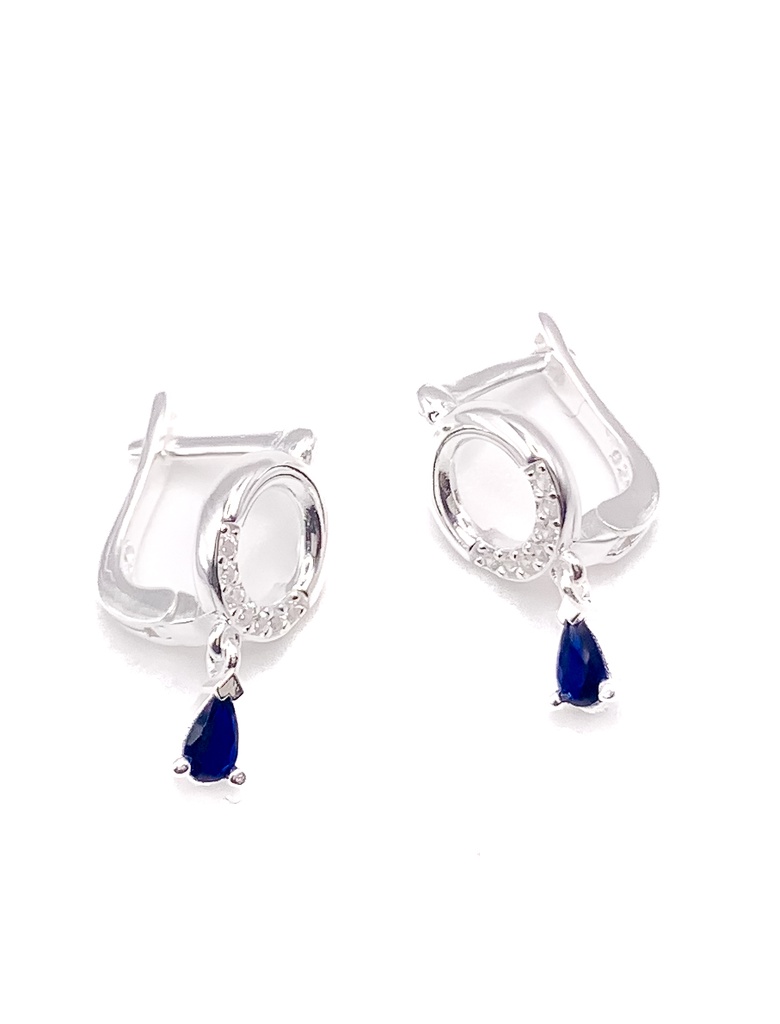 Aretes plata con broche patente de circulo con enjoye y piedra colgante azul