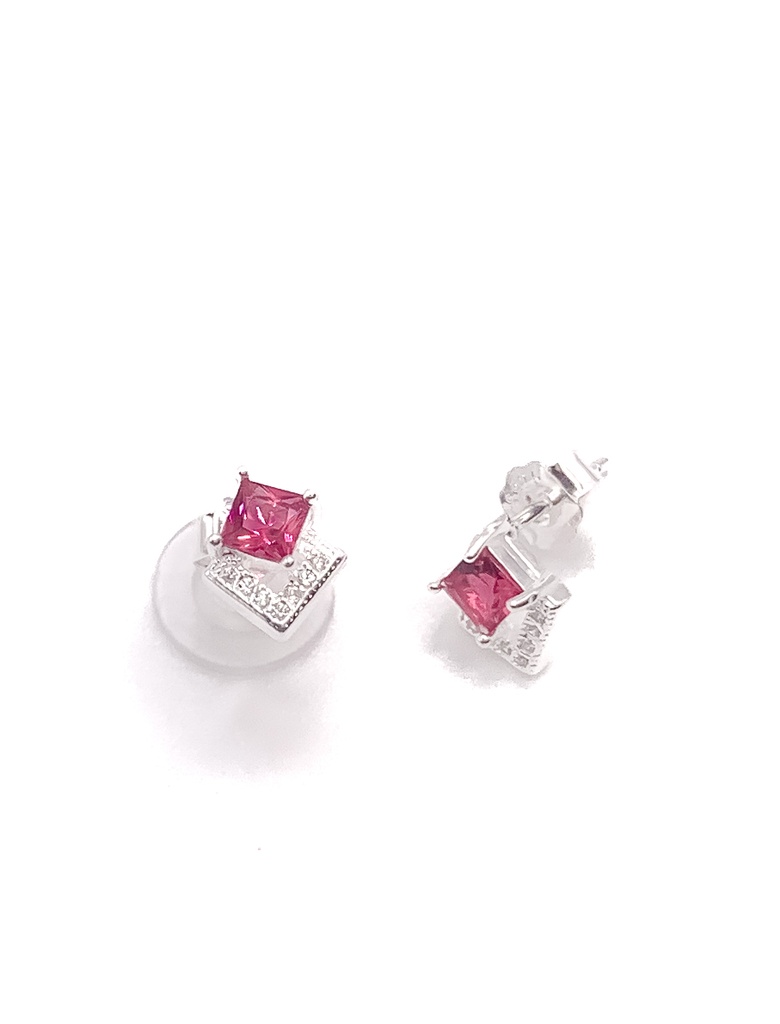 Aretes plata rombo de piedras blancas y rombo de piedra agua fucsia