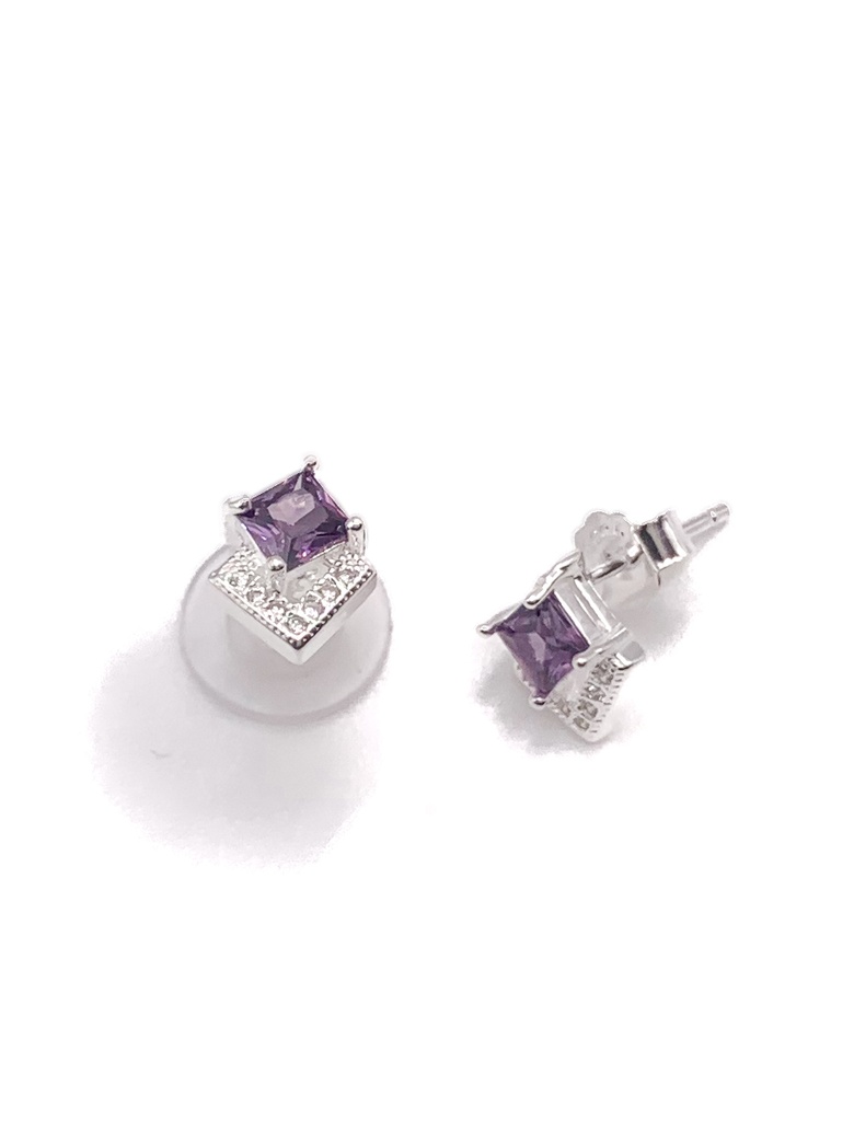 Aretes plata rombo de piedras blancas y rombo de piedra morada