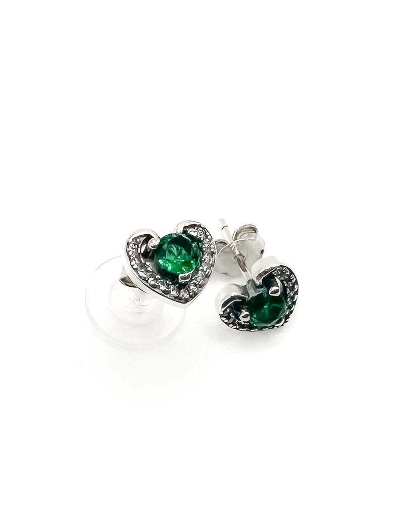 Aretes plata corazon piedra verde rodinado