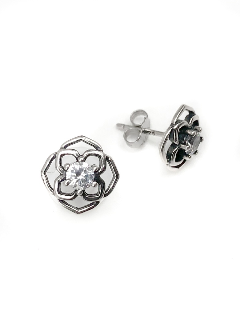 Aretes plata de flor con piedra blanca