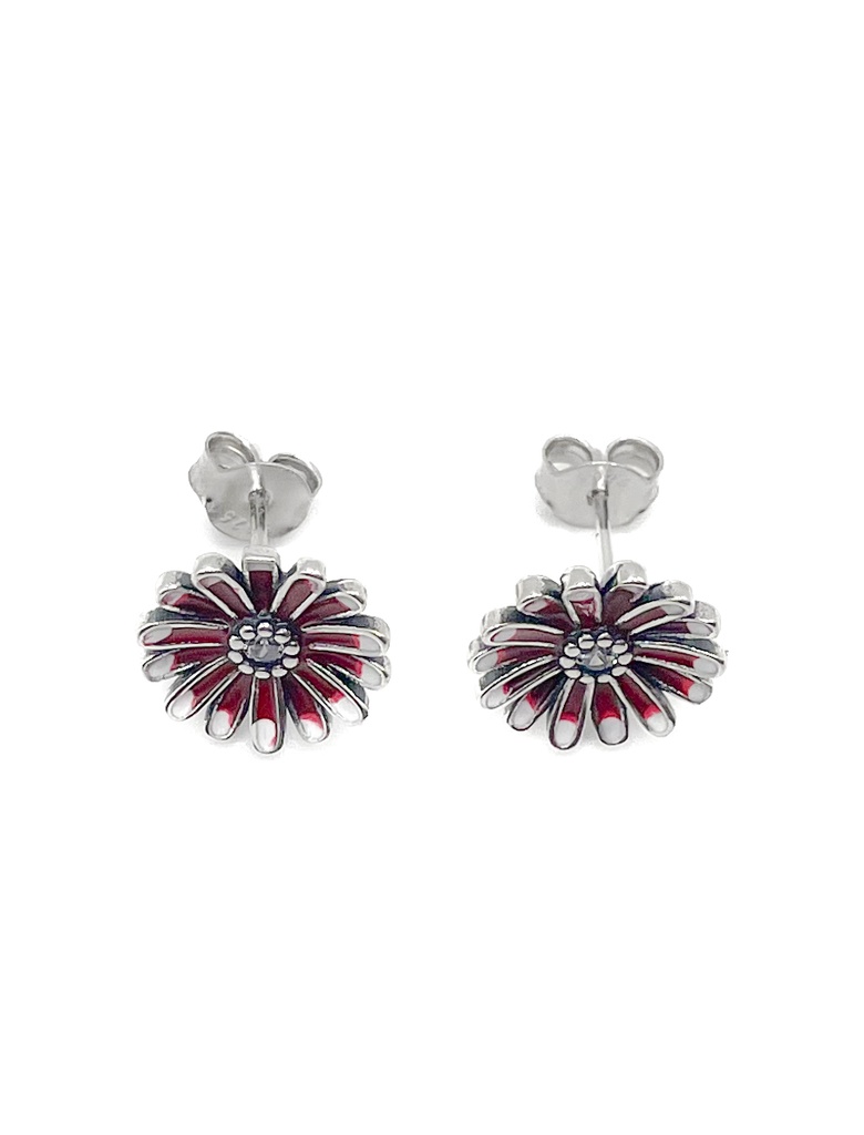 Aretes plata flor rodinada con esmalte rojo