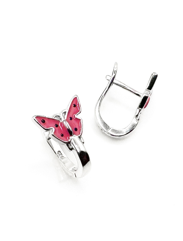 Aretes plata con broche de patente mariposa esmaltada rosada