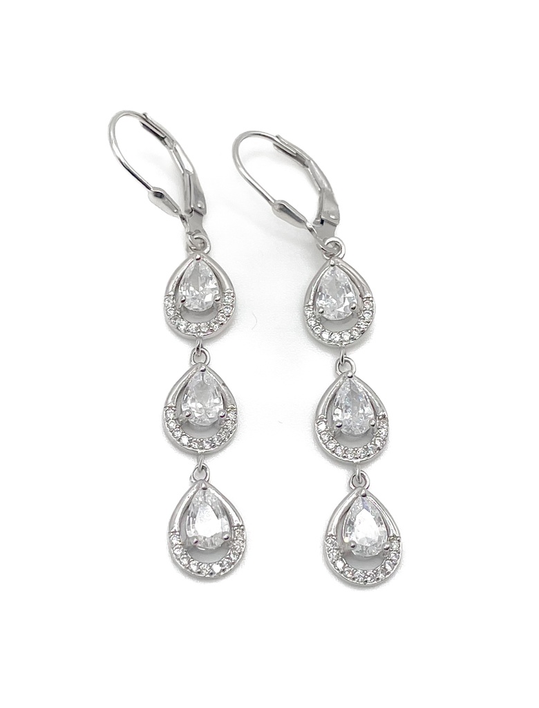 Aretes plata de asa largos con colgantes de gota con piedra blanca