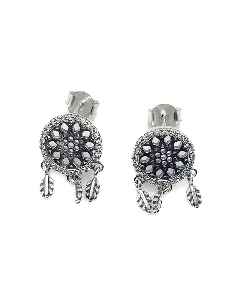 Aretes plata atrapasueños piedras blancas con plumas moviles