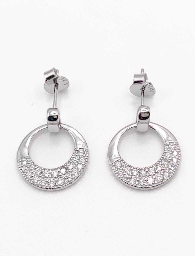 Aretes plata circulo movil con borde de circones blancos