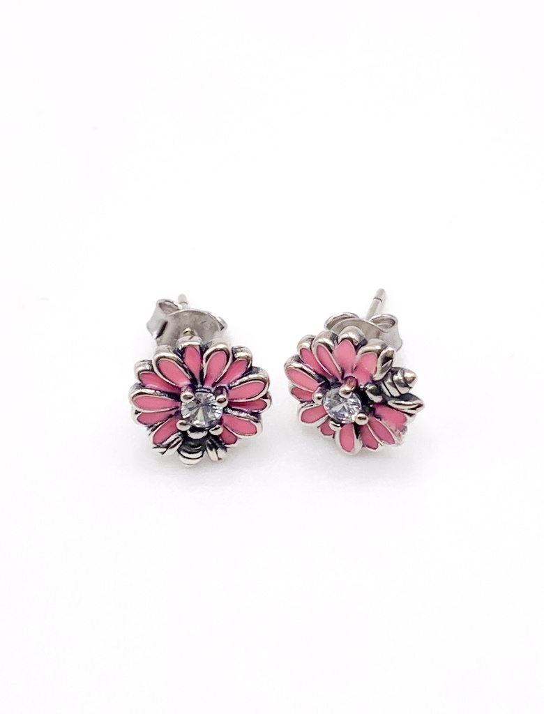 Aretes plata flor rosada con mini abeja