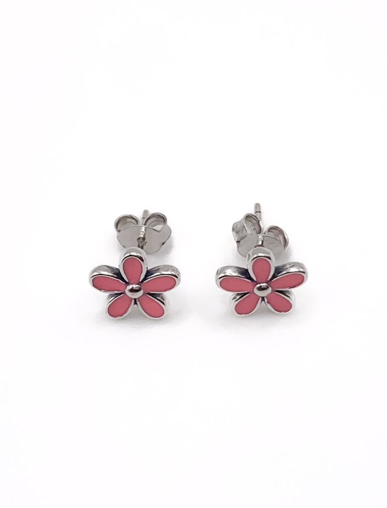 Aretes plata flor rosada pequeña esmaltada