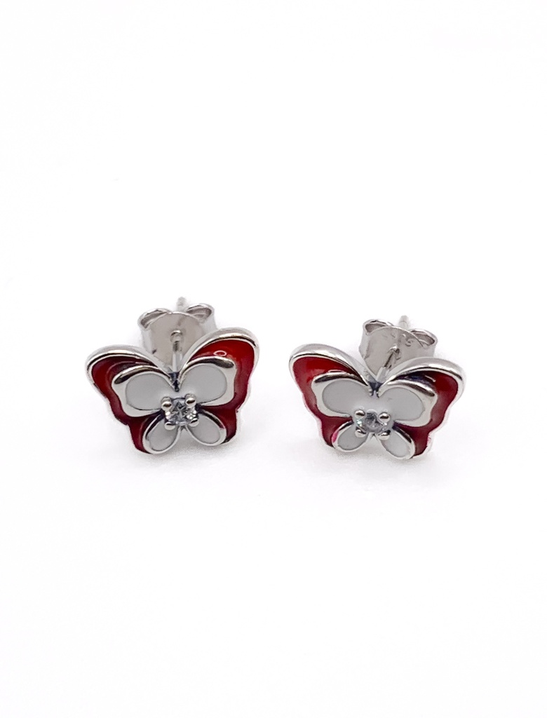 Aretes plata mariposa doble roja y blanca esmaltada