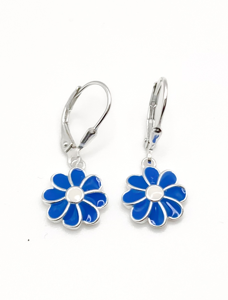 Aretes plata de aza con flor azul esmaltada colgante